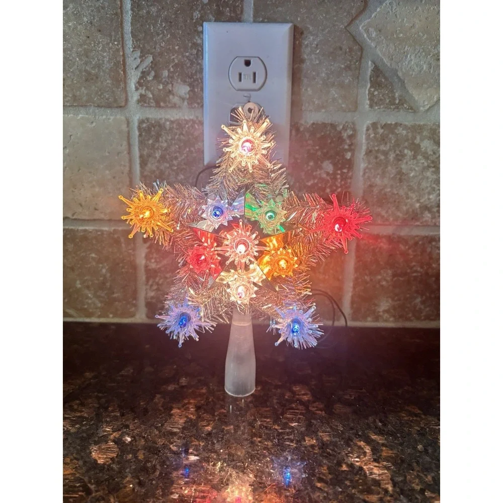 Vintage‎ Lighted Christmas Tree Top Star Silver Tinsel Multicolor Lights Tested